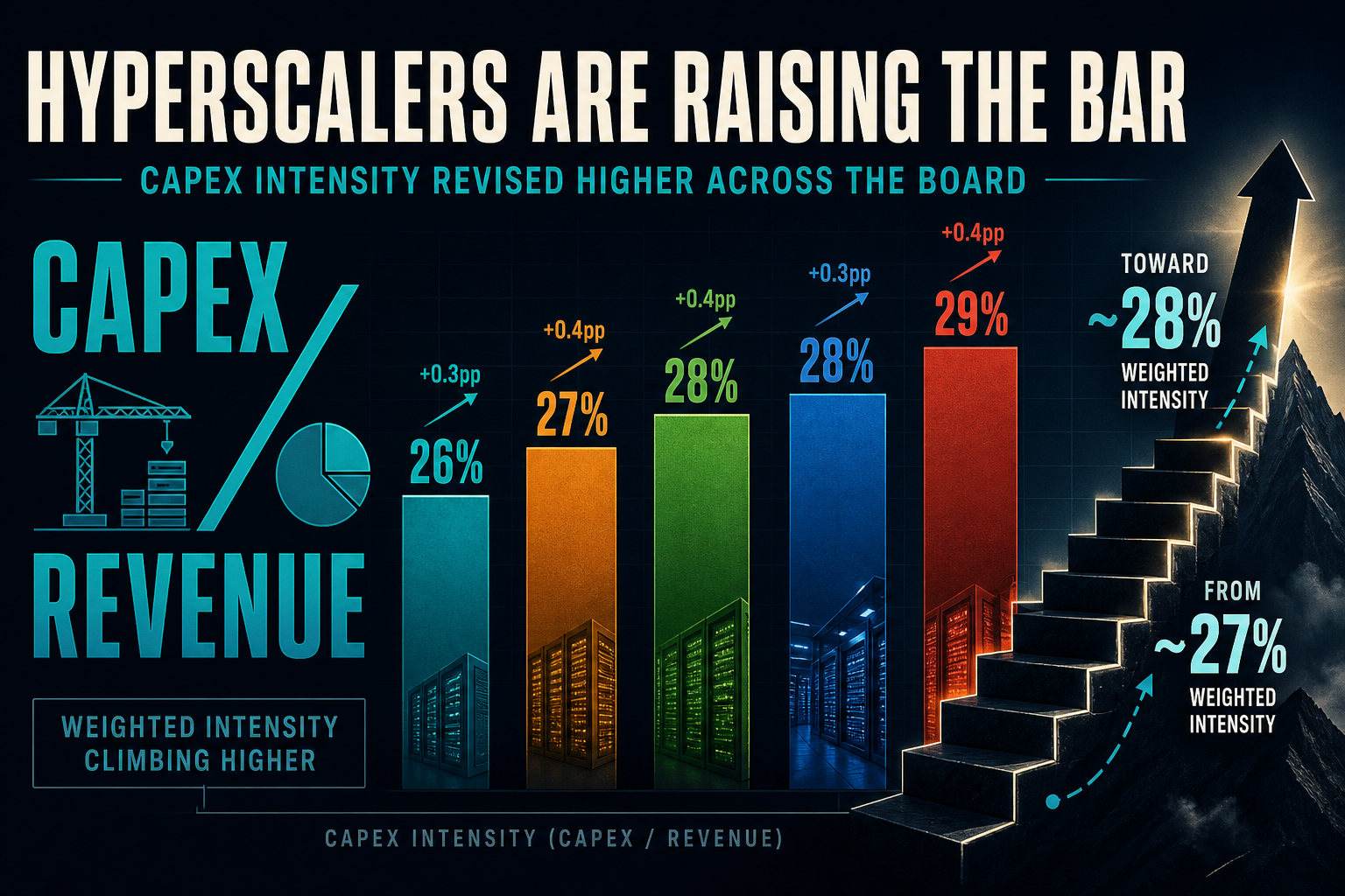 Dark navy capital-markets hero of rising intensity step-ladder and hyperscaler ratio bars with vintage-delta arrows toward 28%