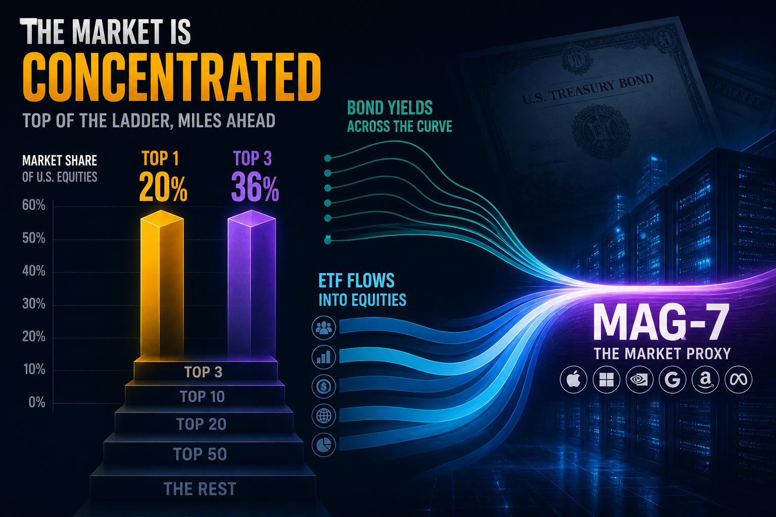 Dark navy cinematic data-viz of amber Top-1/Top-3 concentration bars, violet bond curves, and cyan ETF flow ribbons converging into a Mag-7 proxy stream