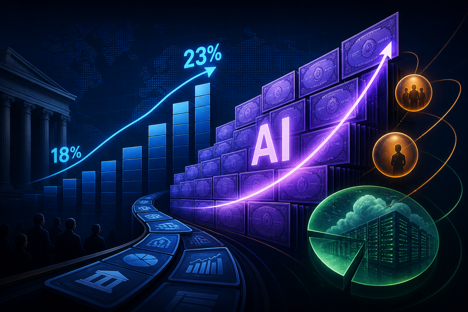 Dark navy capital-markets chart of a rising AI credit wall with violet IG supply-share climb and amber private data-centre overflow