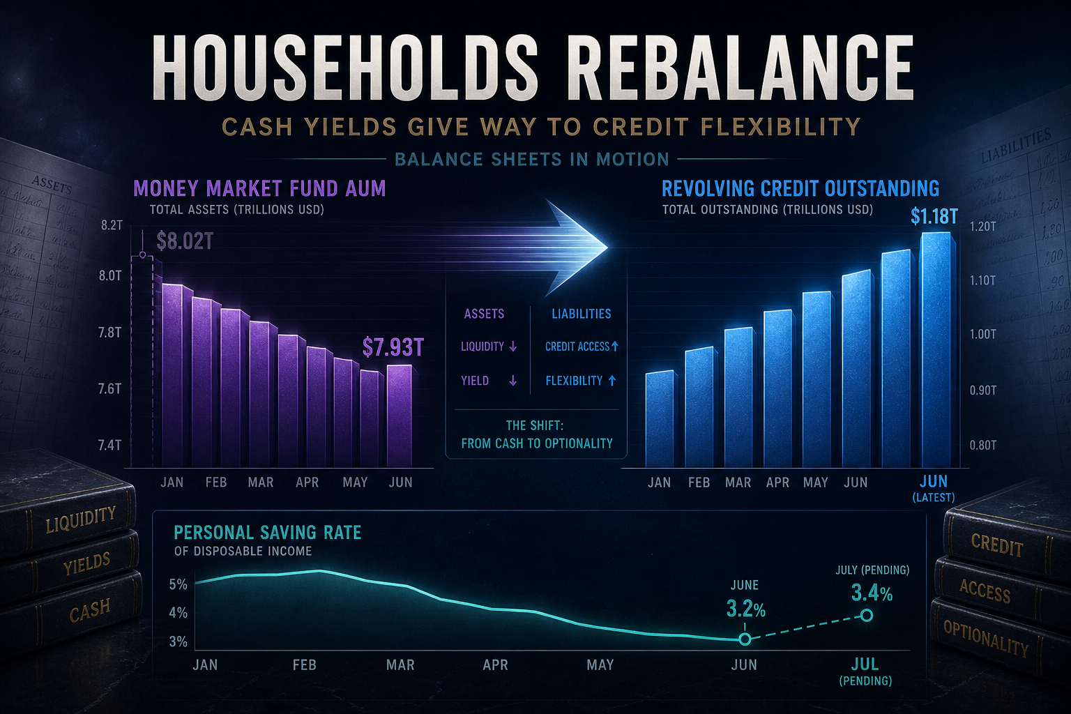 Dark navy cinematic chart of a descending purple money-market AUM column beside rising revolving-credit bars and a teal saving-rate trough