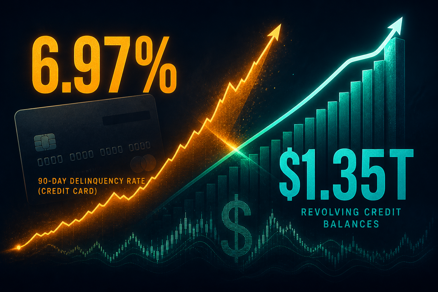 Dark navy cinematic dual-meter graphic with amber 6.97% credit-card delinquency curve and teal $1.35T revolving credit stock ribbon, Visual Capitalist-style editorial thumbnail