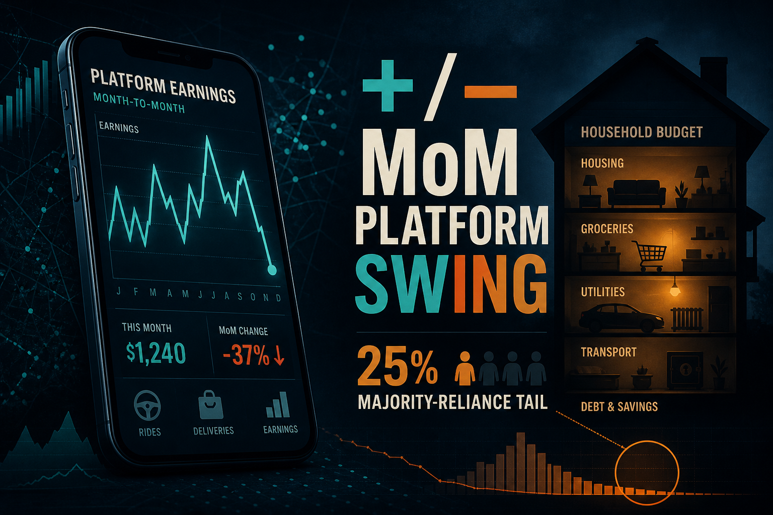 Dark navy cinematic illustration of a smartphone earnings chart swinging month to month beside a household budget silhouette and MoM platform swing callout
