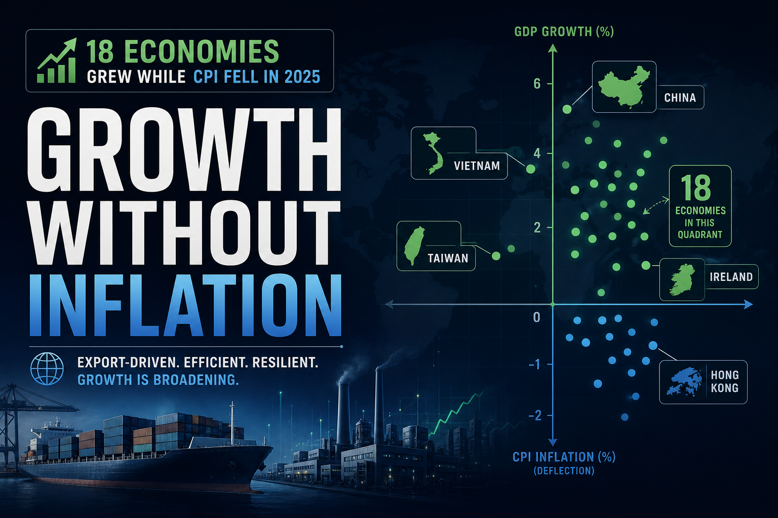 Deflationary growth economies 2025 — scatter chart of GDP growth versus falling CPI across 18 export-heavy countries