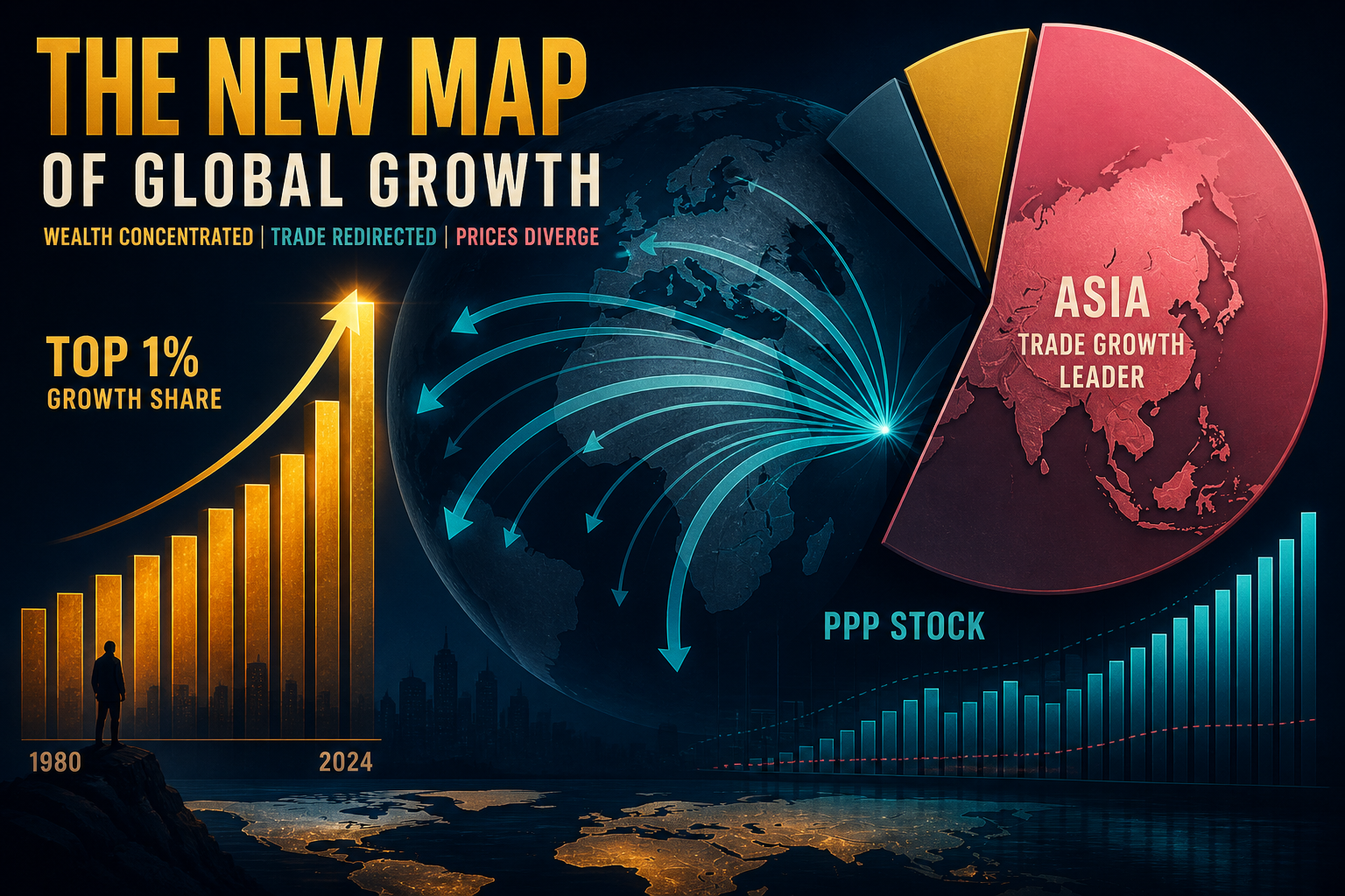 Dark navy cinematic data-viz of amber growth-contribution bars, teal trade arcs, and a rose Asia trade-growth wedge over a subtle globe