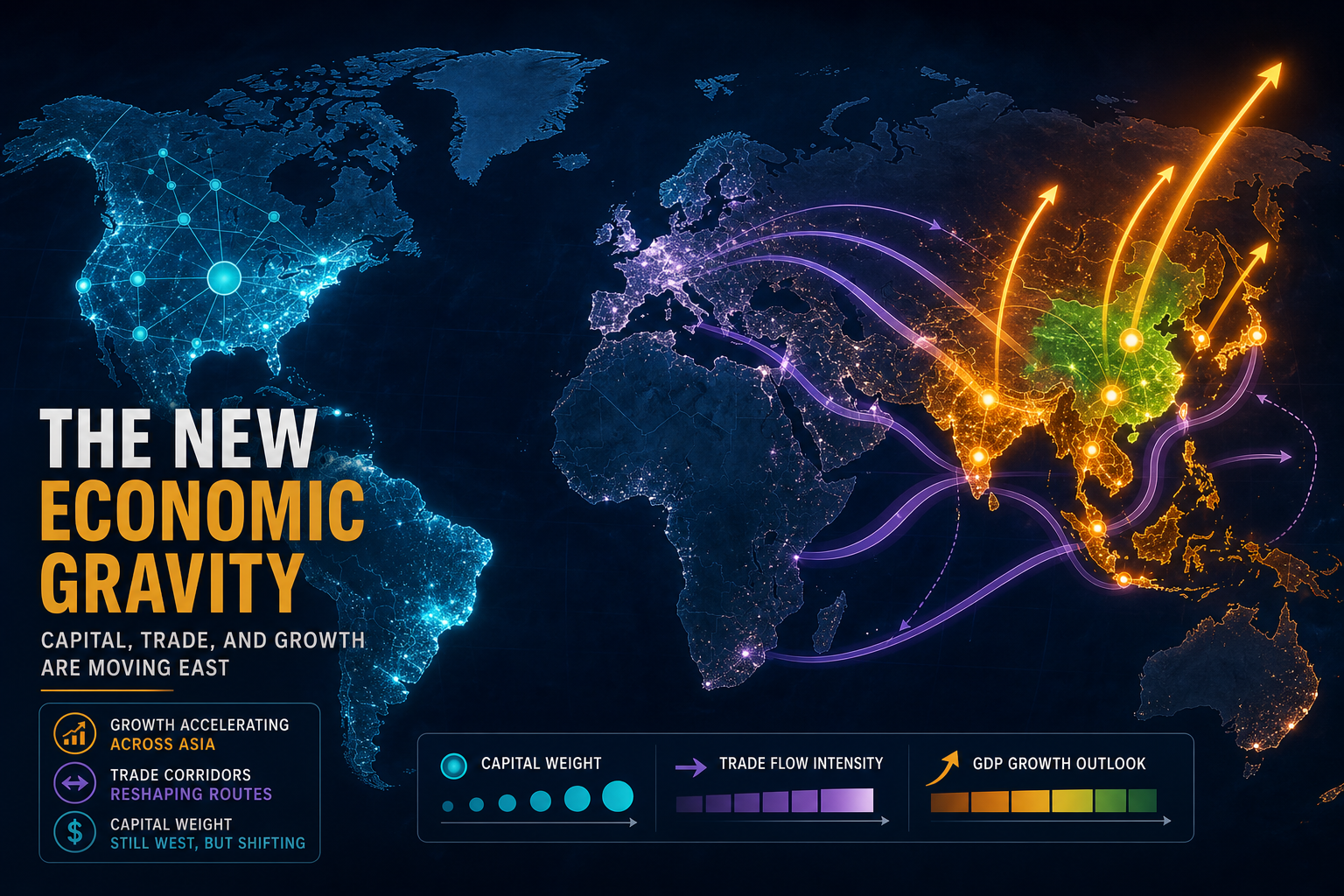 Dark navy cinematic world map with amber Asia growth arcs softening under Q2 sensitivity, teal North America stock nodes, violet Europe trade corridors, and cyan elevated-CPI heat over the US