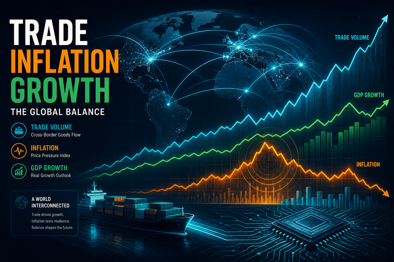 Dark navy data visualization of global growth, trade volume, and inflation trajectories