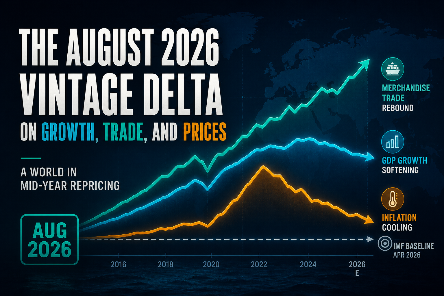 Dark navy cinematic chart of teal trade, cyan growth, and amber inflation trails cooling toward a silver IMF baseline