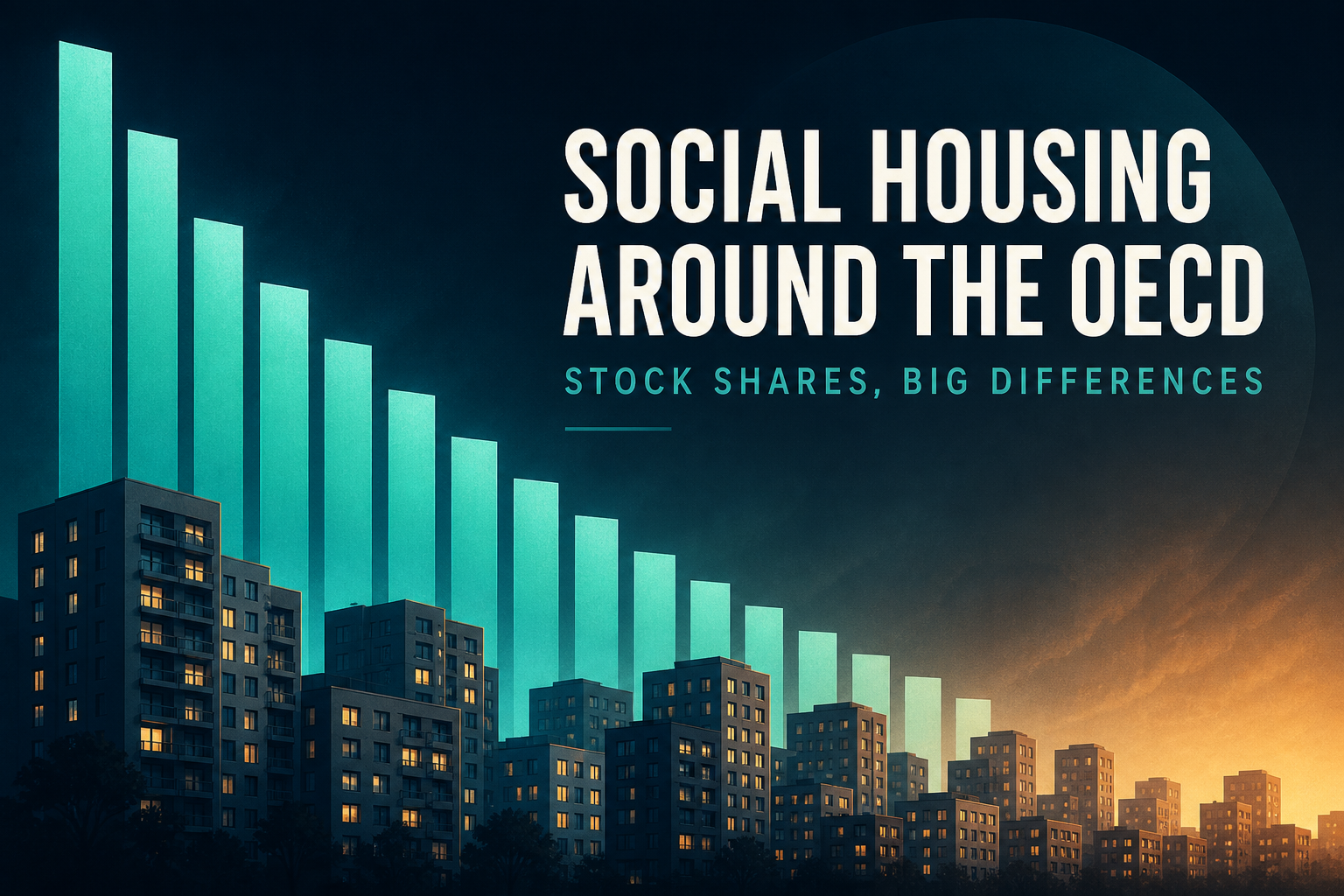 Dark navy cinematic illustration of apartment silhouettes under a descending teal social-housing share bar chart, Visual Capitalist-style data editorial