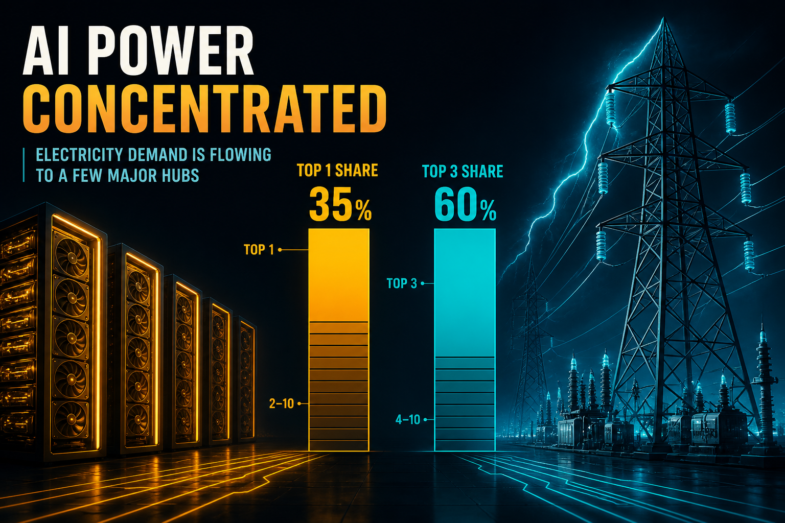 Dark navy cinematic data-viz of amber Top-1/Top-3 concentration bars beside glowing GPU racks and cyan high-voltage grid arcs