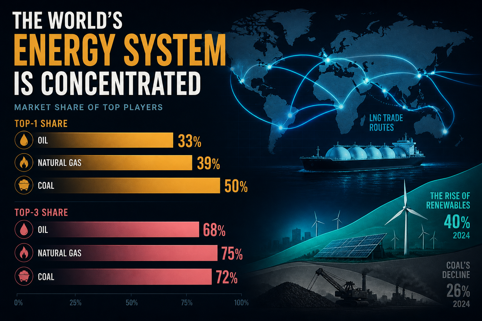 Dark navy cinematic energy-systems viz with amber Top-1/Top-3 concentration bars, teal renewable arcs over charcoal coal stacks, and glowing cyan LNG trade routes