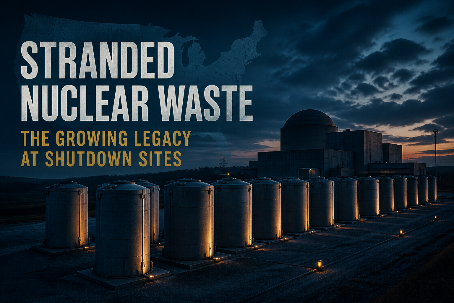 Dark navy cinematic view of dry-cask spent fuel storage pads at a decommissioned reactor site under dusk light