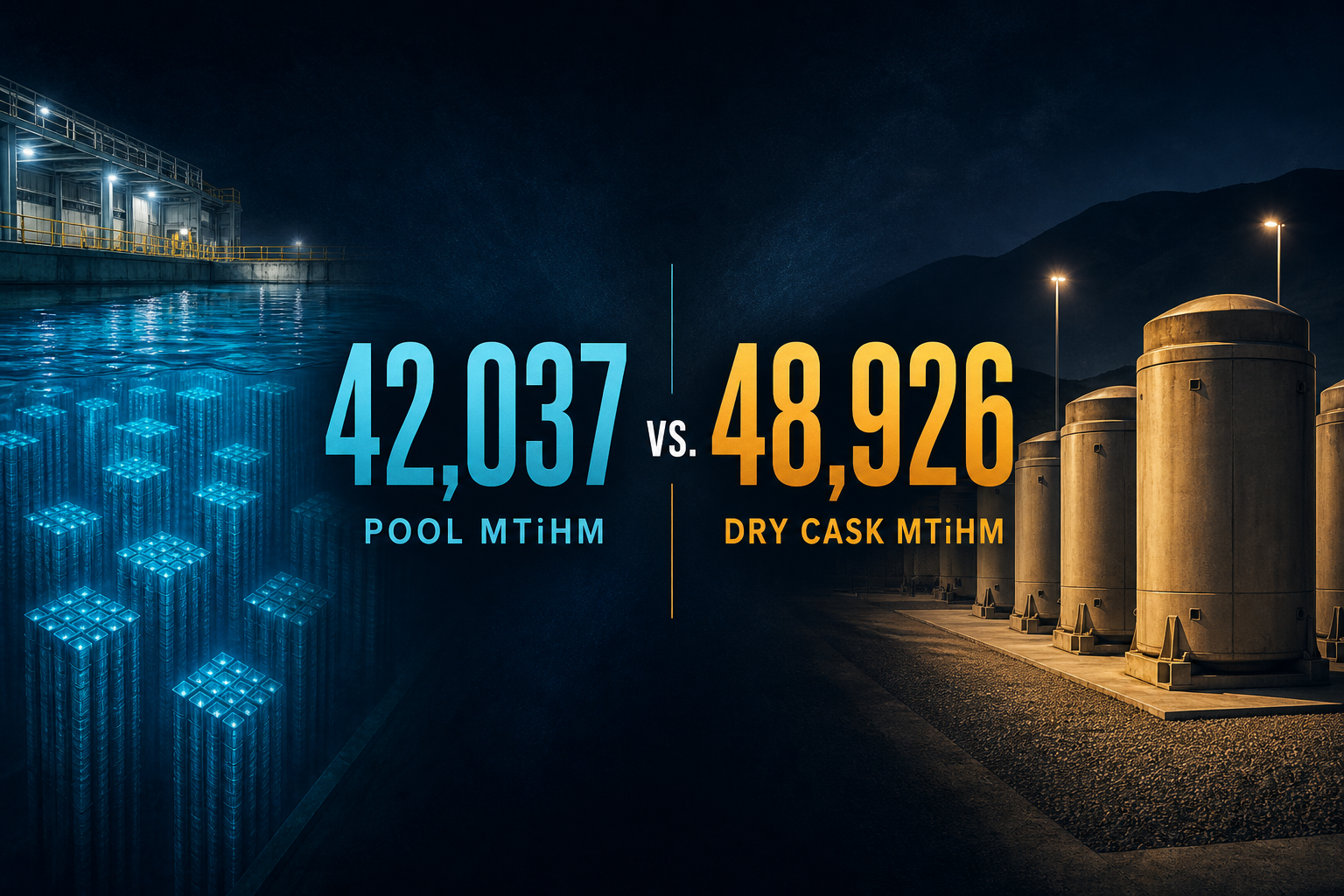 Dark navy editorial split of cyan wet-pool fuel rods versus amber dry storage casks with pool 42,037 and dry 48,926 MTiHM labels