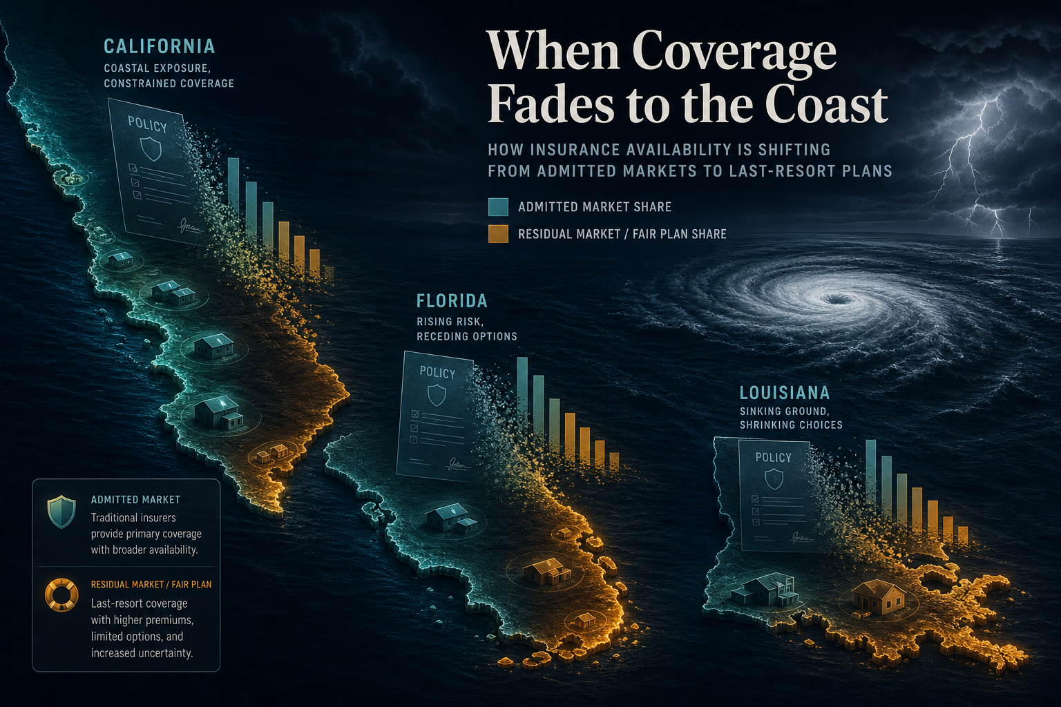 Dark navy coastal map with Florida, California, and Louisiana shorelines glowing as admitted coverage dissolves into amber residual-market islands