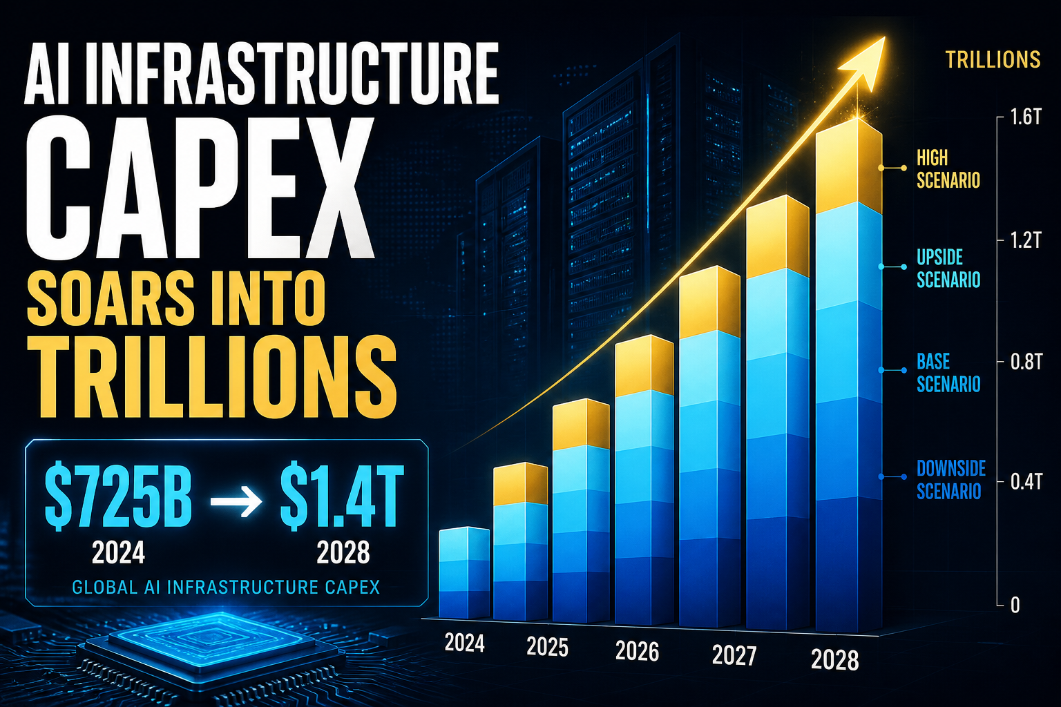 Dark navy data-viz hero of rising AI infrastructure capex bars and scenario layers from hundreds of billions toward trillions
