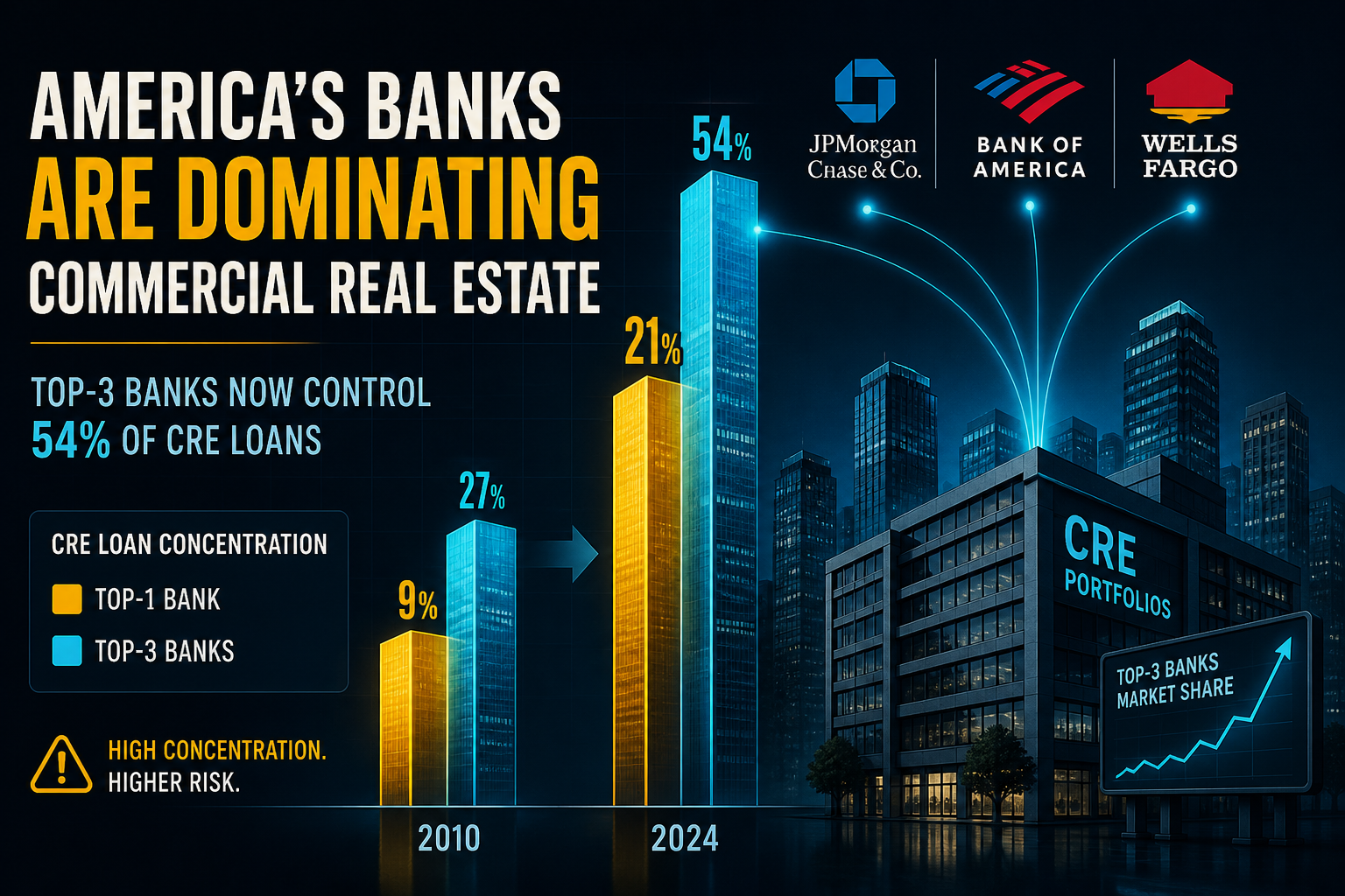 Dark navy cinematic data-viz of amber Top-1/Top-3 concentration bars beside charcoal bank towers and teal commercial real estate silhouettes