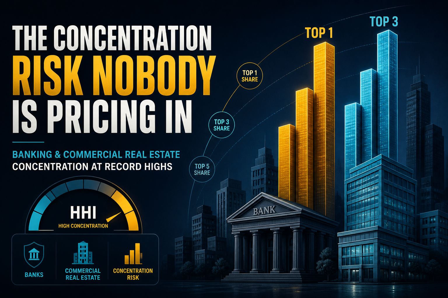 Dark navy cinematic data-viz of amber Top-1/Top-3 concentration bars beside charcoal bank towers and teal commercial real estate silhouettes with cyan share-ladder curves