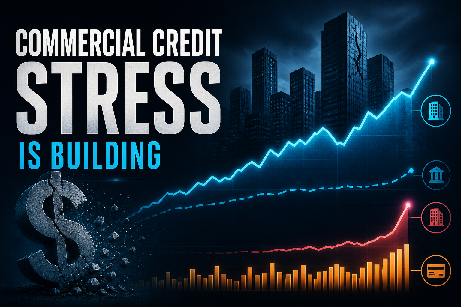 Dark navy cinematic chart of CRE delinquency rising against low charge-offs with amber card-loss bars and office stress accents