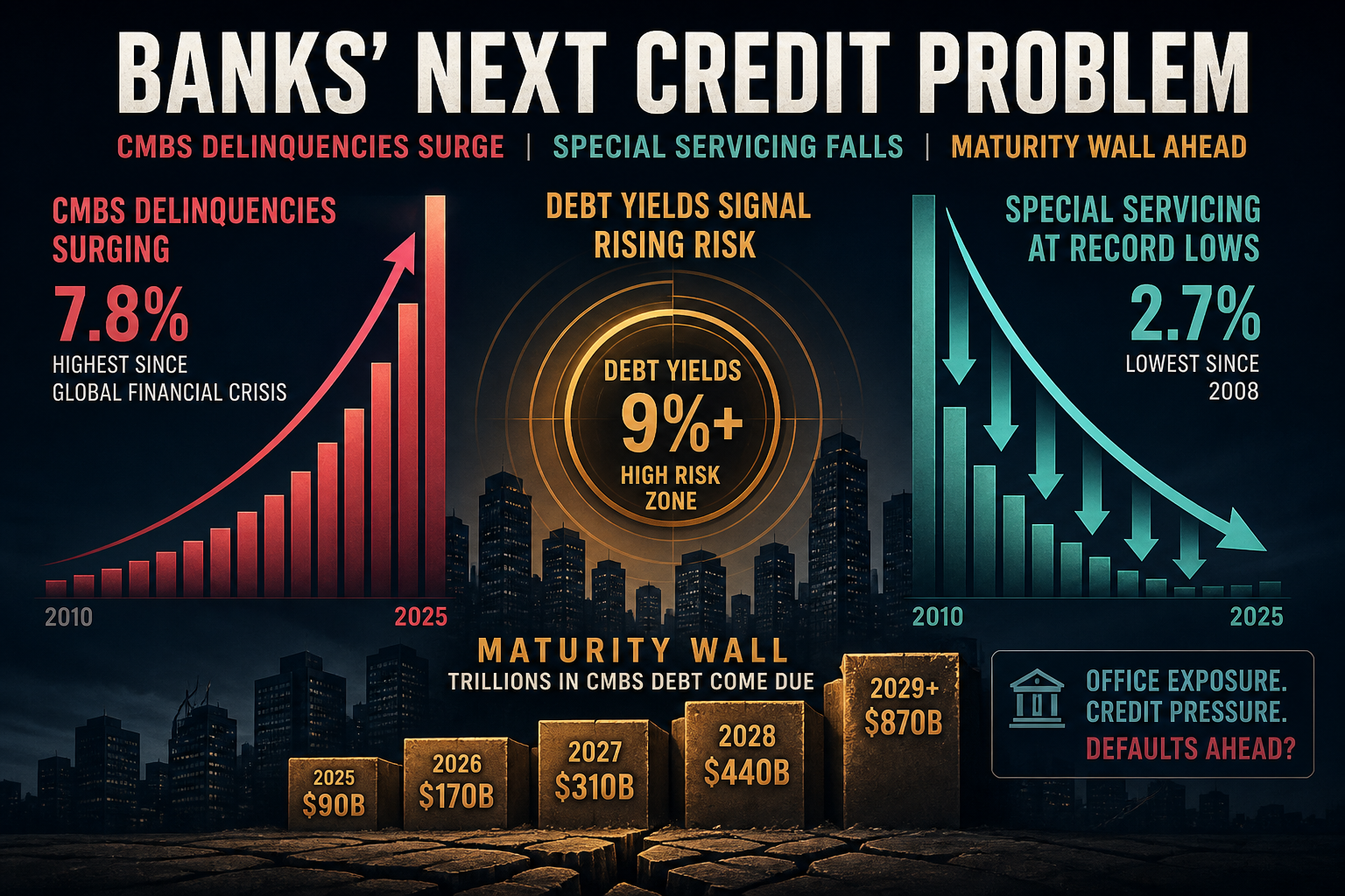 Dark navy cinematic data-viz of rising rose CMBS delinquency spikes, falling teal special-servicing arrows, and amber debt-yield risk rings over an office skyline silhouette