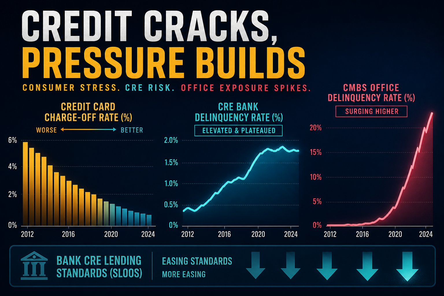 Dark navy cinematic chart of cooling amber card-loss bars, a sticky cyan CRE delinquency line, and a rising rose CMBS office spike with teal easing arrows