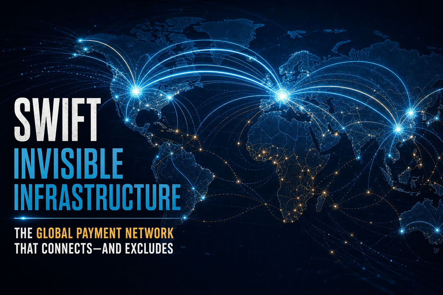 Dark navy cinematic map of glowing payment corridors thinning across the globe, with sparse arcs over island and emerging-market routes