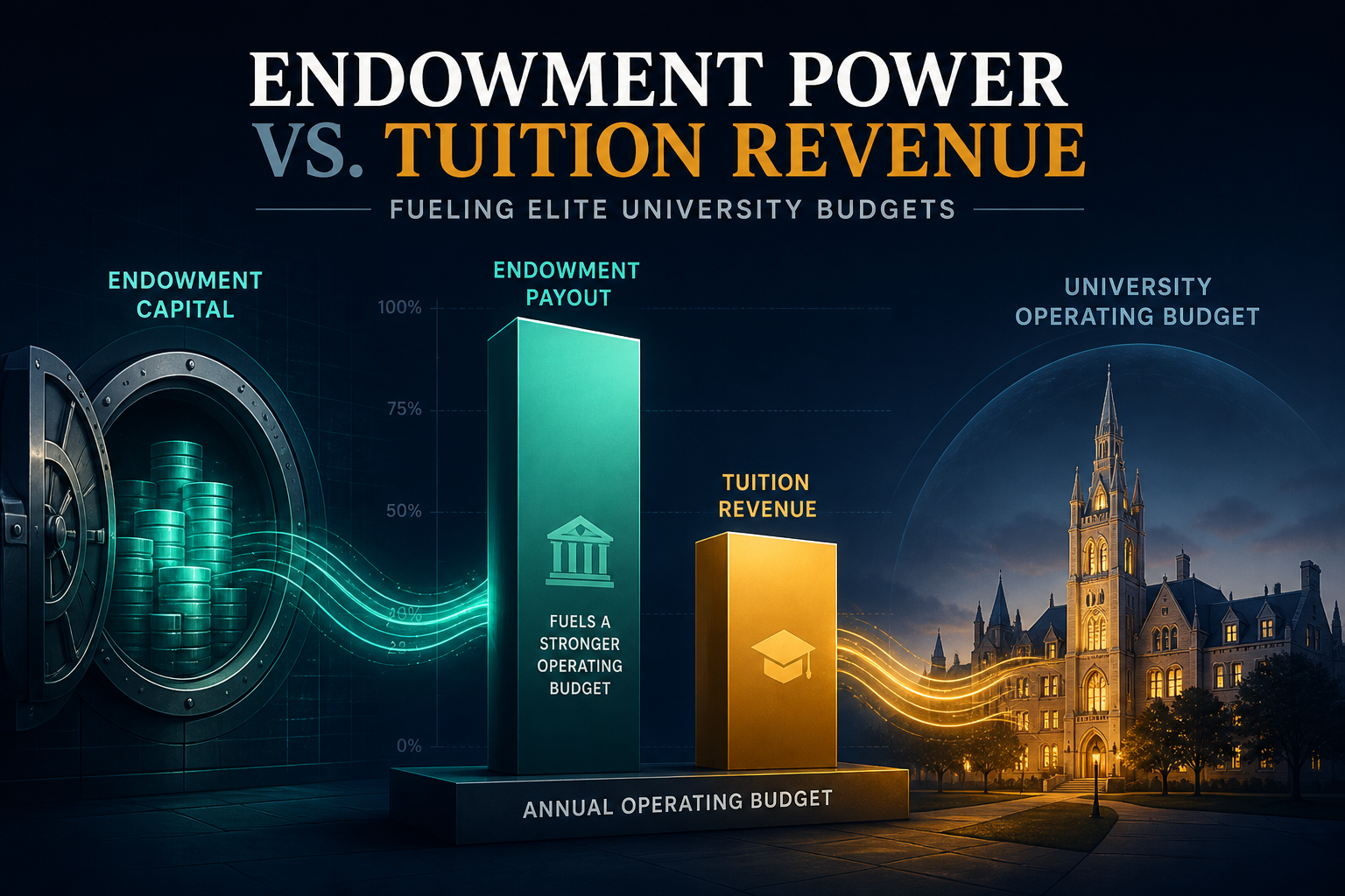 Dark navy data-journalism hero showing teal endowment payout bars towering over amber tuition bars beside a stylized campus skyline