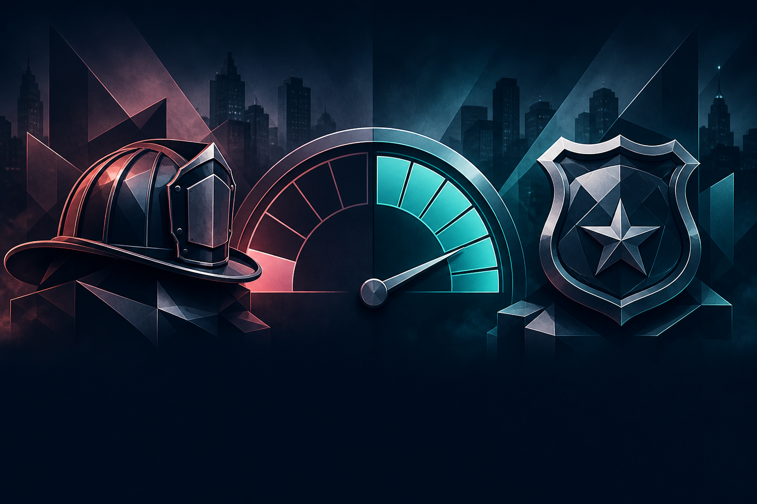 Dark navy cinematic illustration of a firefighter helmet and police badge beside a split funded-ratio gauge in teal and rose