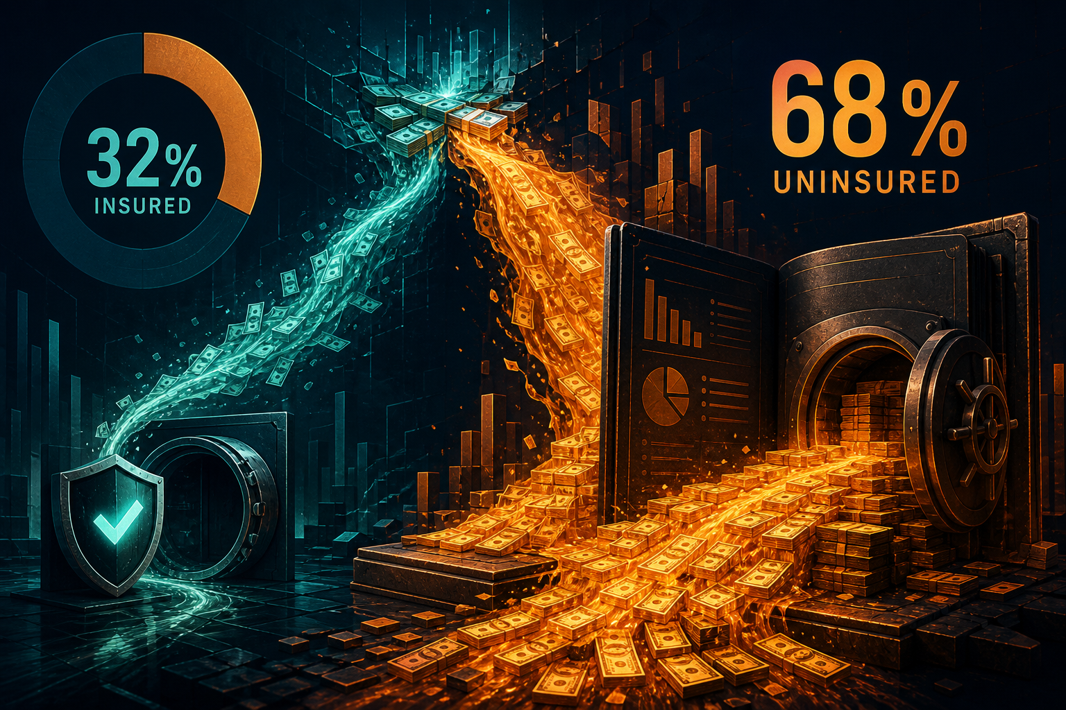 Dark navy cinematic finance illustration of a teal insured payout stream and a larger amber cash stream splitting from a ransomware loss ledger