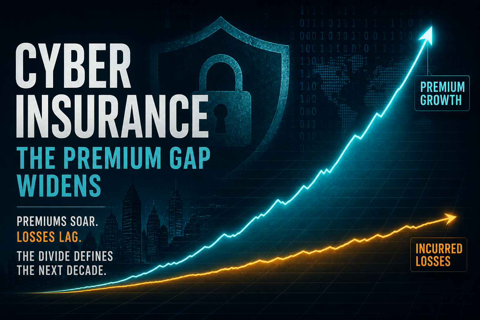 Dark navy cinematic data-viz of a cyan cyber-insurance premium curve racing ahead of an amber incurred-loss line beside a subtle shield silhouette