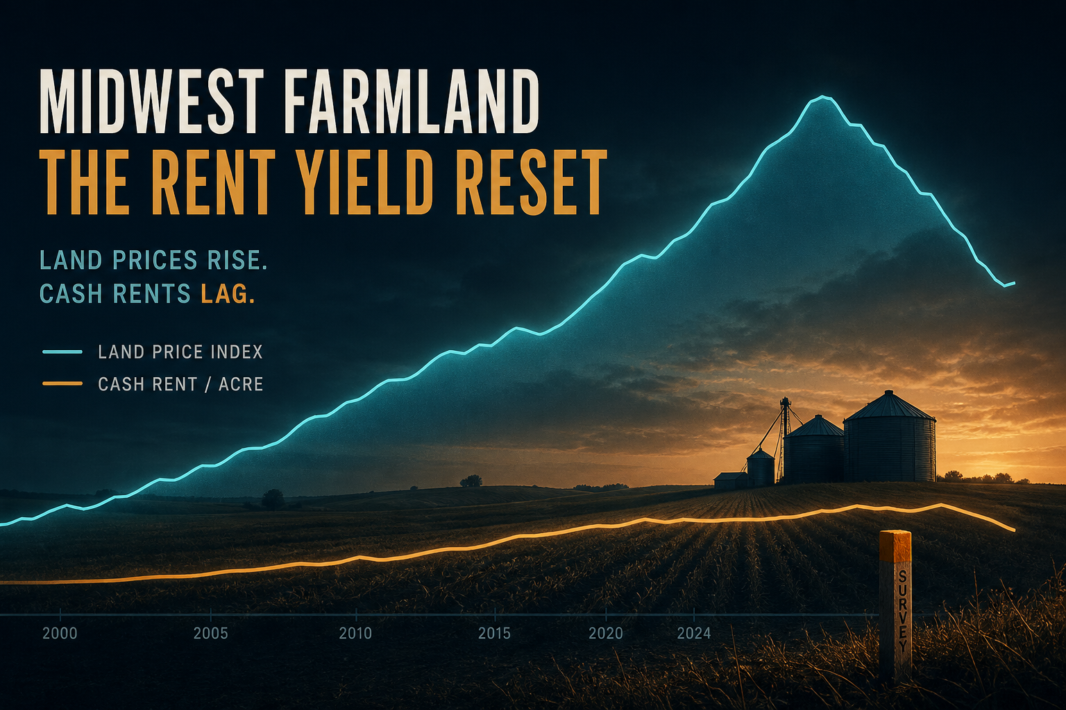 Dark navy cinematic farmland dusk with a descending amber rent-yield curve over rising teal land-price ridges beside grain bins, Visual Capitalist-style data editorial