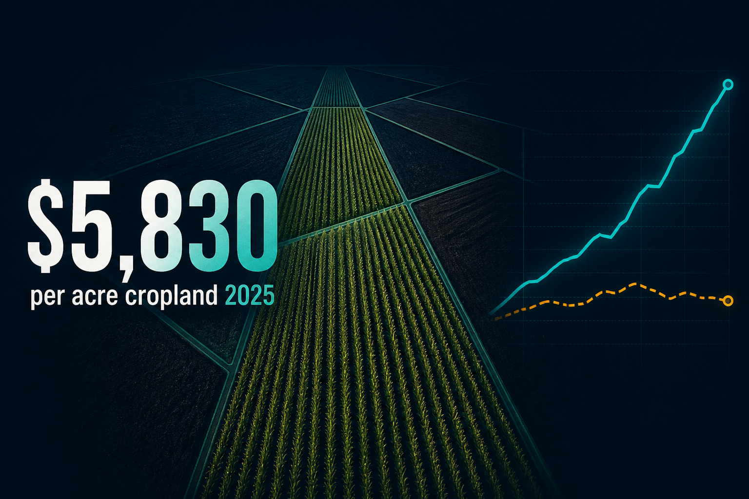 Dark navy cinematic aerial cropland geometry with $5,830 per acre callout and diverging teal land-value versus amber income index lines