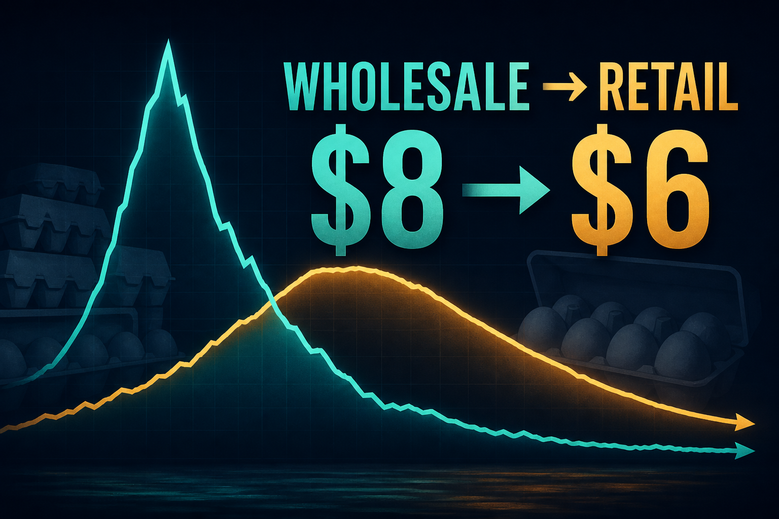 Dark navy cinematic dual price paths: teal wholesale spike peaking early and amber retail curve lagging behind, egg-carton silhouettes