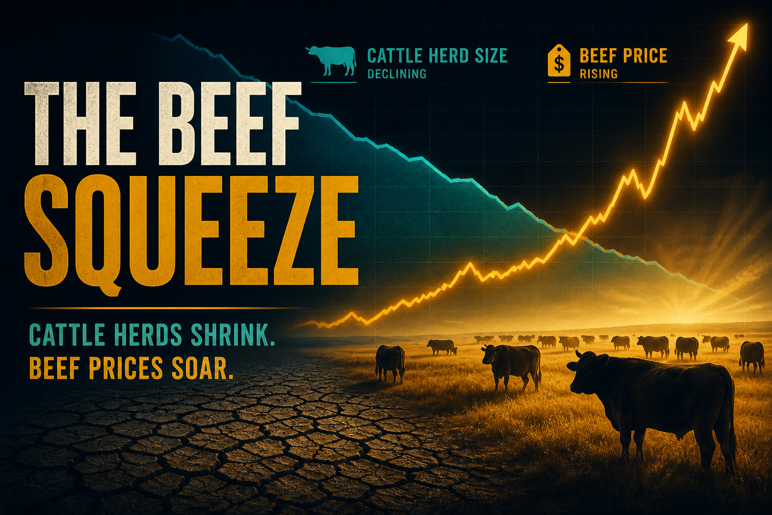 Dark navy cinematic data-viz of a sparse amber cattle herd on cracked prairie beside a rising cutout price line and falling teal herd-size area