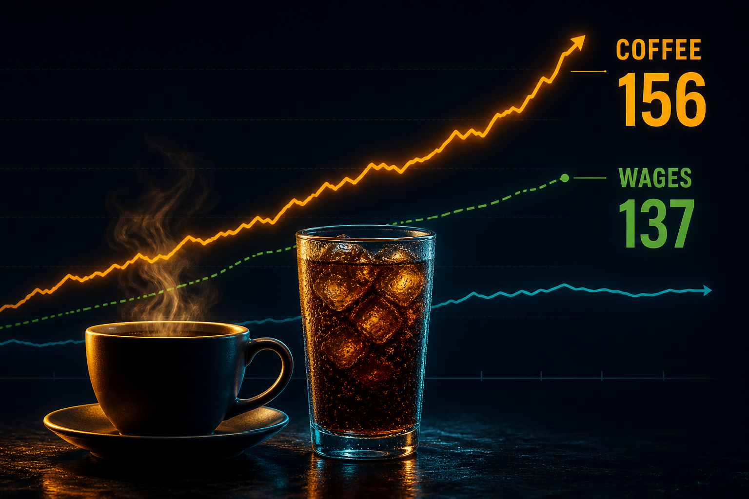 Dark navy cinematic hero with coffee cup and soda glass silhouettes, amber coffee index line racing above a green wage trail, bold COFFEE 156 and WAGES 137 callouts
