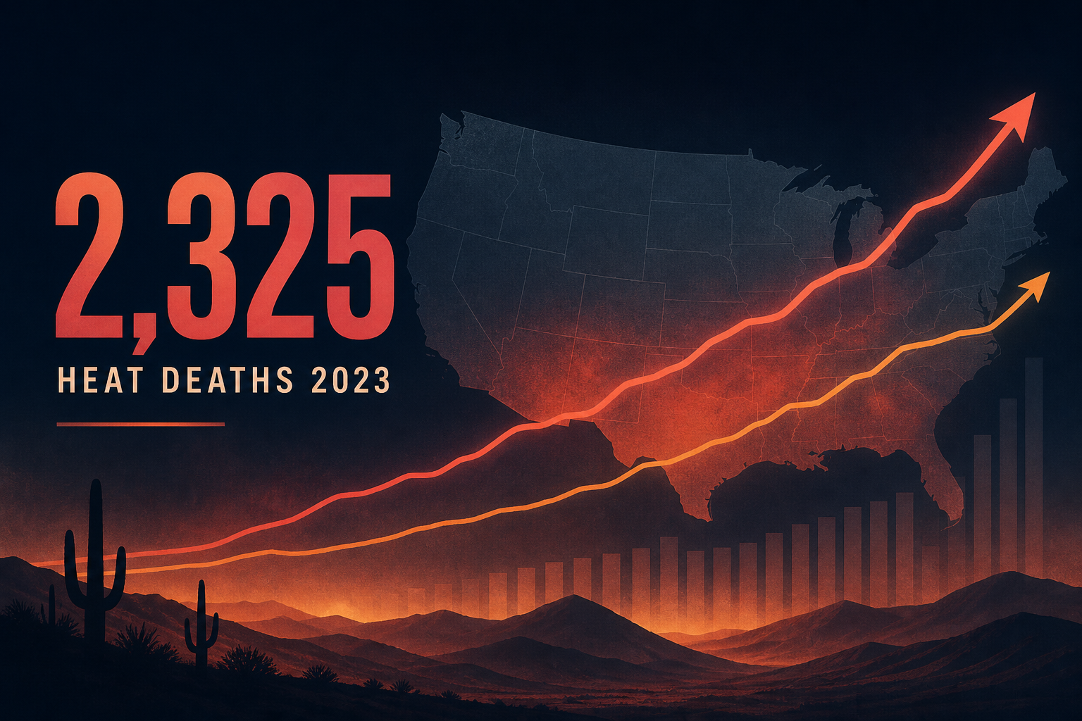 Dark navy cinematic thumbnail with Contiguous U.S. heat silhouette and bold 2,325 heat-deaths callout in amber and rose, Visual Capitalist-style editorial art