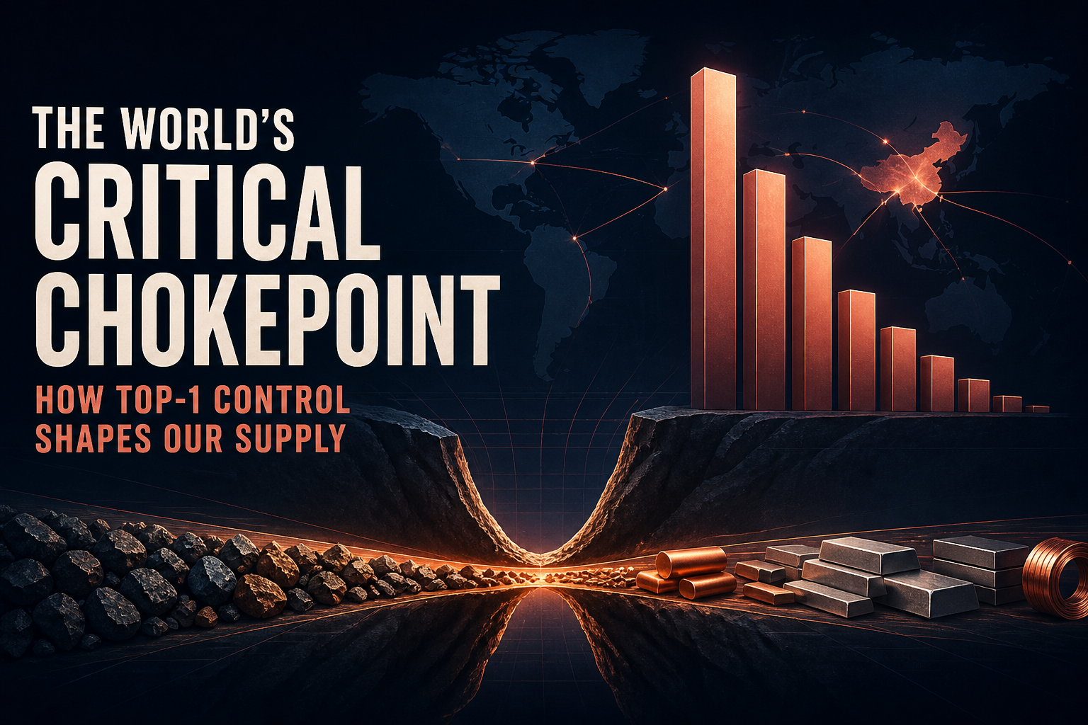 Dark navy cinematic data-viz of amber-rose concentration bars towering beside a glowing mineral chokepoint corridor, Visual Capitalist–style thumbnail