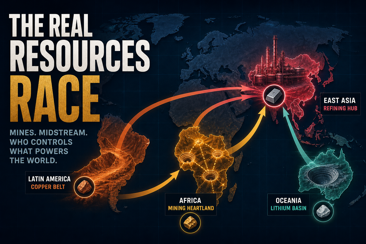 Dark navy cinematic world map with rose East Asia refining hubs, amber Africa mining nodes, teal Oceania lithium pits, and orange Latin America copper belts connected by geometric flow arrows