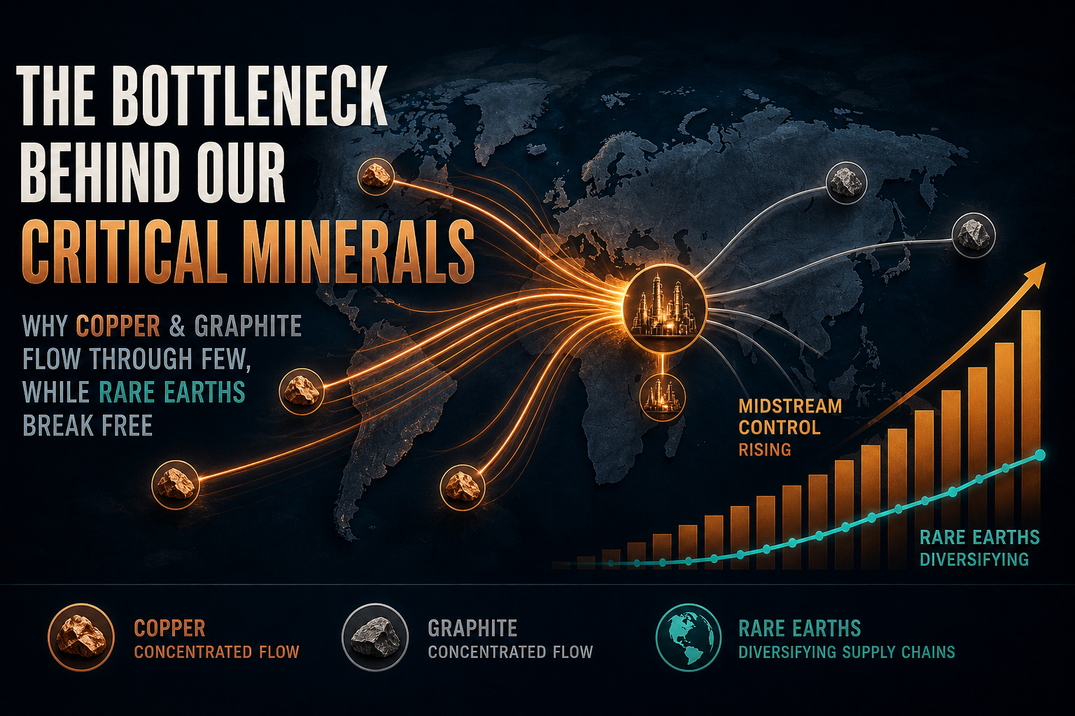 Dark navy cinematic data-viz hero with glowing commodity trade arcs bottlenecking into midstream refining nodes, amber delta bars, and a teal rare-earth diversification line