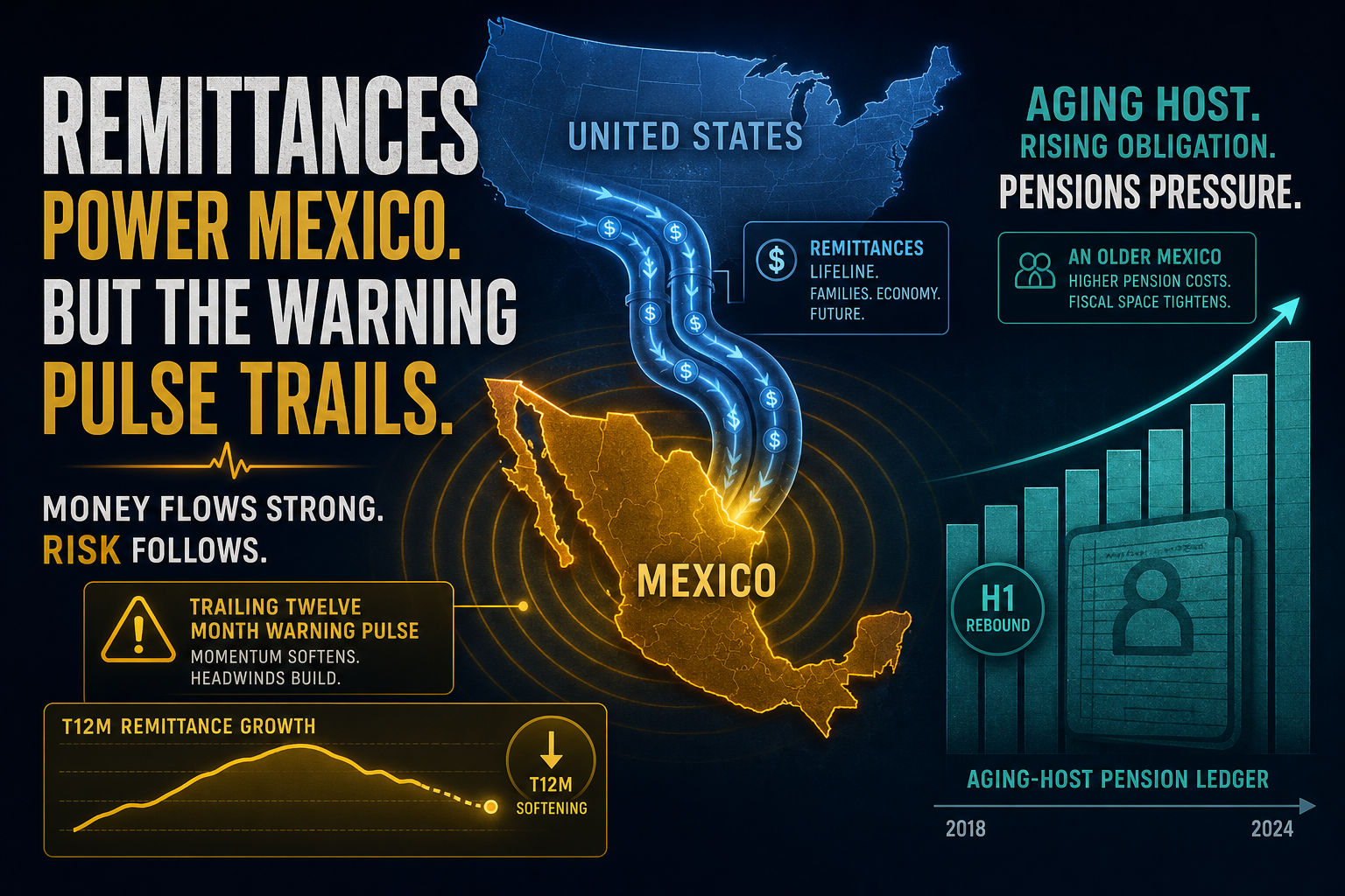 Dark navy cinematic data-viz of US→Mexico remittance pipes with a soft yellow trailing-twelve pulse and a teal aging-host pension ledger climbing on the right