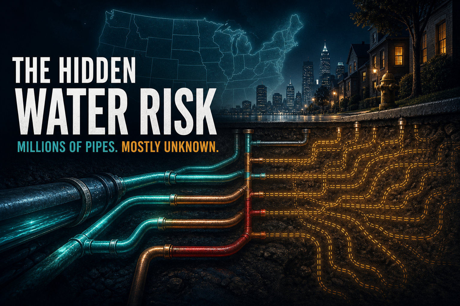 Dark navy cinematic underground service-line cross-section with teal known pipes and ghostly amber unknown pipes under a city street, Visual Capitalist-style water-infrastructure editorial