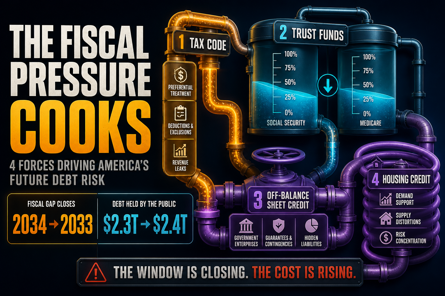 Dark navy cinematic fiscal plumbing diagram with amber tax-code pipes, cyan trust-fund gauges falling 2034 to 2033, and violet off-balance credit valves
