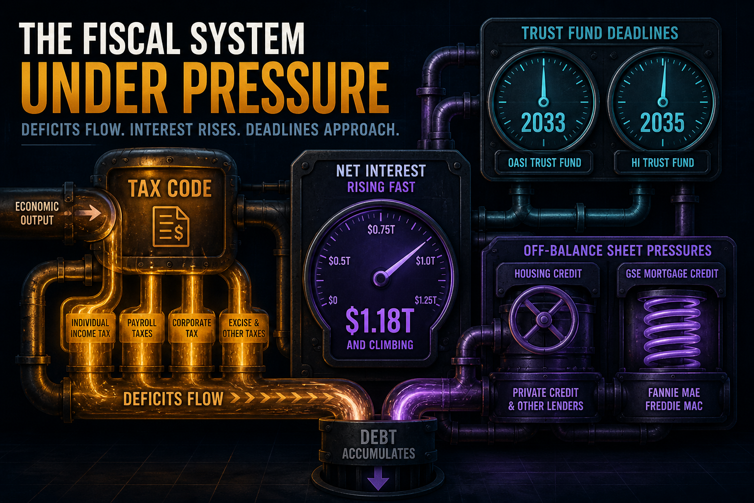 Dark navy cinematic fiscal plumbing diagram with amber tax-code pipes, violet net-interest gauges rising toward $1.18T, frozen trust-fund clocks, and purple off-balance housing-credit valves