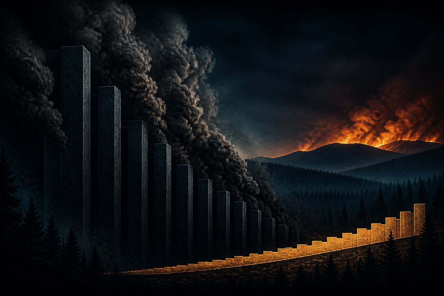 Dark navy cinematic forest ridgeline with towering charcoal suppression-cost columns beside a low amber fuels-treatment ridge, Visual Capitalist-style editorial