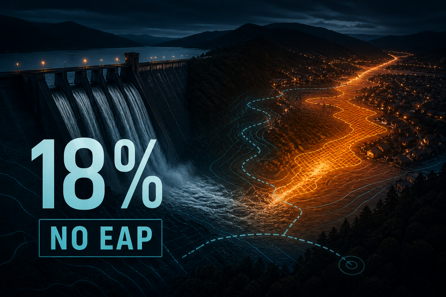 Dark navy cinematic dam at night with amber downstream valley glow and cyan inundation-map accents, bold 18% and NO EAP callouts, Visual Capitalist-style editorial
