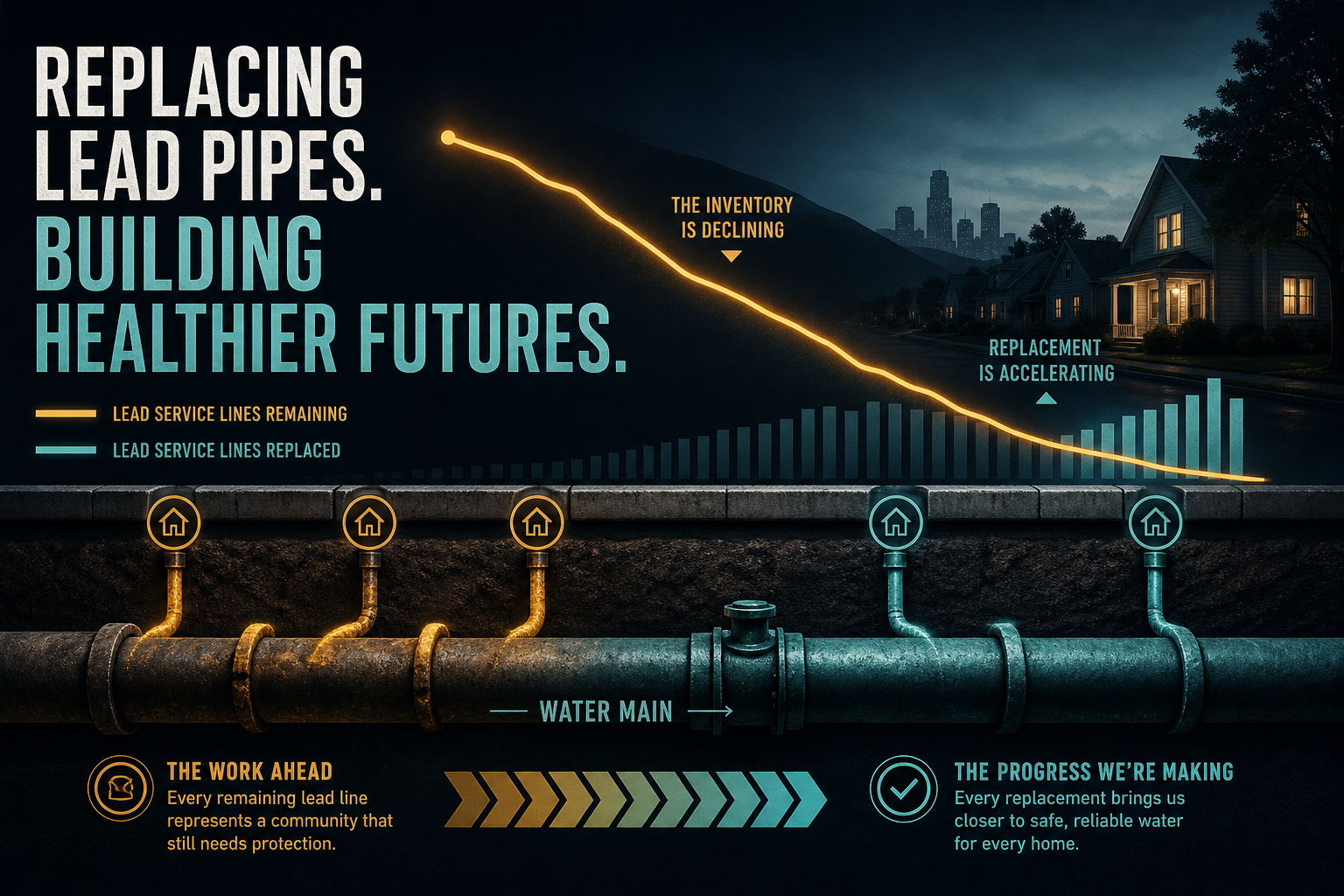 Dark navy cinematic underground water-service cross-section with amber remaining lead laterals and teal replaced lines, descending inventory curve motif, Visual Capitalist-style infrastructure editorial