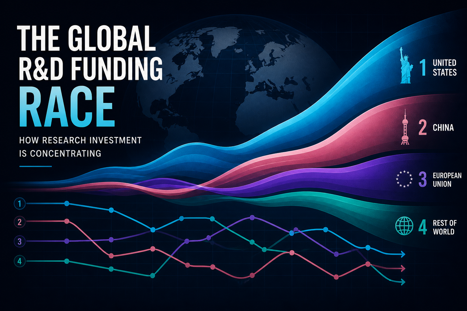 Dark navy cinematic streamgraph of global R&D funding concentration with bump-chart ranking paths