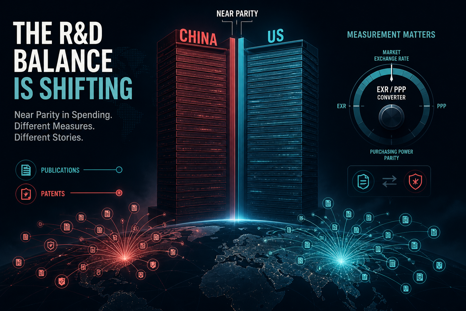Dark navy data-viz hero of near-parity China and US R&D ledgers with a measurement-frame dial for PPP versus exchange-rate converters