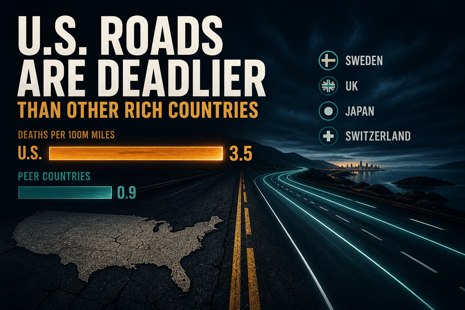 Dark navy data-journalism hero of a night highway with amber and teal rate bars suggesting deaths-per-mile intensity