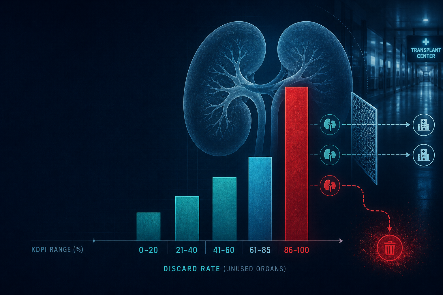 Dark navy data-viz hero with a stylized kidney and rising crimson high-KDPI discard bars against teal low-KDPI bars