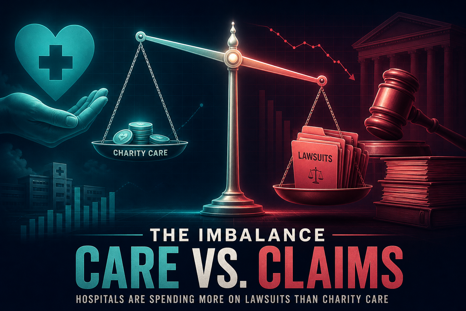Dark navy cinematic balance scale weighing sparse teal charity-care coins against rose lawsuit folders, Visual Capitalist-style hospital finance editorial