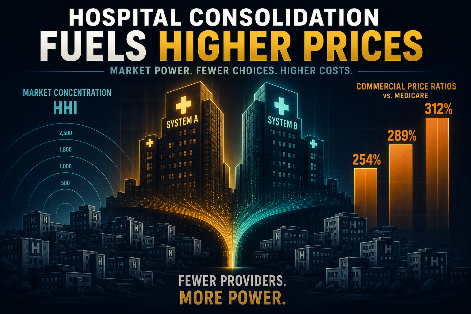 Dark navy cinematic data-viz of concentrated hospital towers and rising commercial-to-Medicare price bars